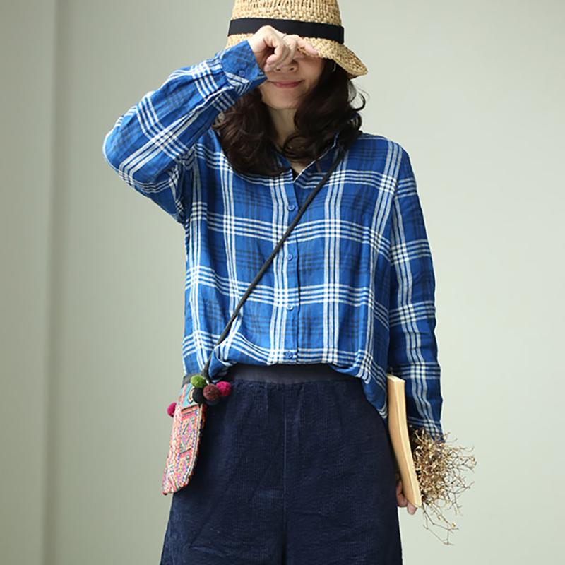 Plus Size Women Plaid Preppy Style Blue Shirt