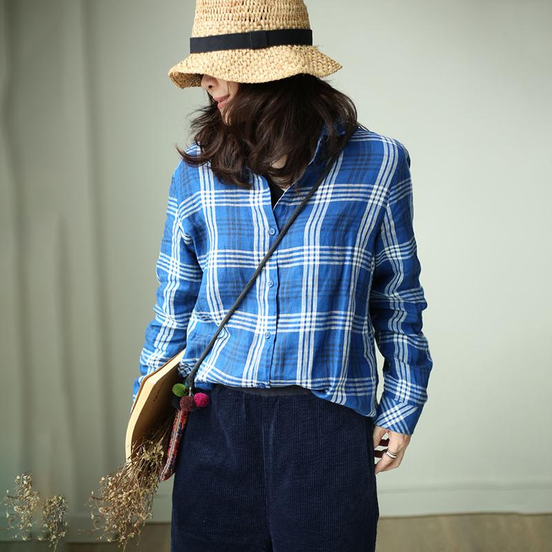 Plus Size Women Plaid Preppy Style Blue Shirt