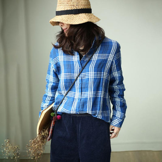 Plus Size Women Plaid Preppy Style Blue Shirt