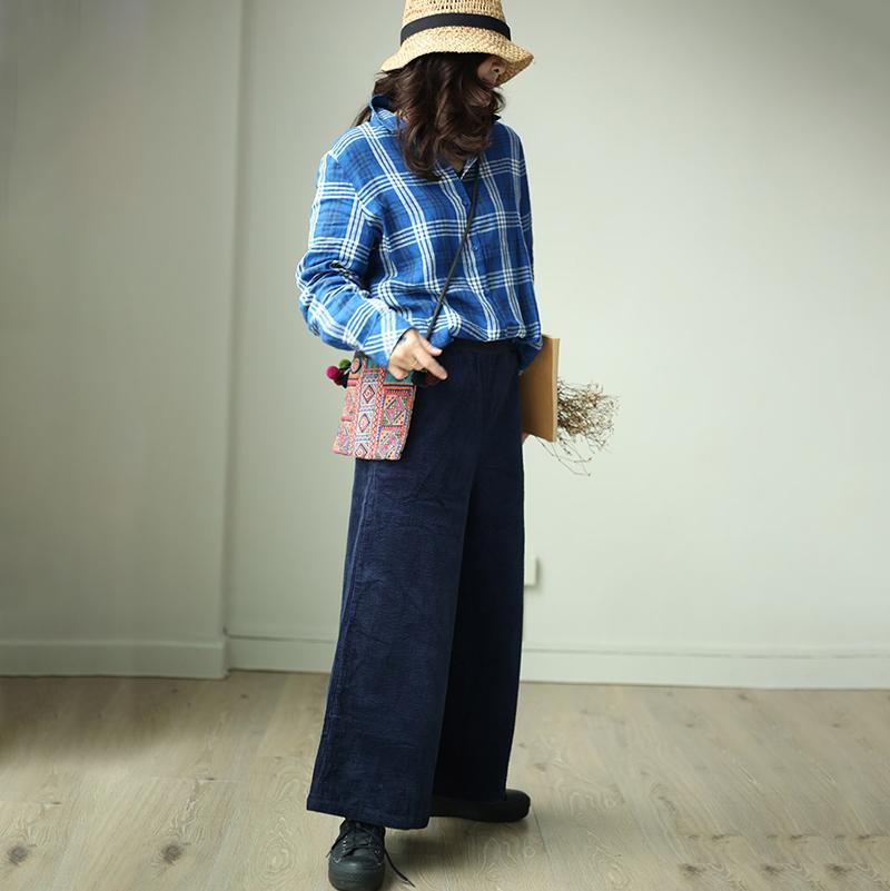 Plus Size Women Plaid Preppy Style Blue Shirt