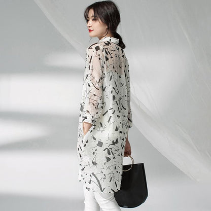 Plus Size Women Printing Cardigan Midi Black Dress