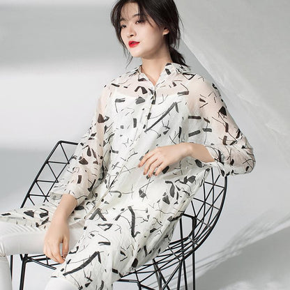 Plus Size Women Printing Cardigan Midi Black Dress