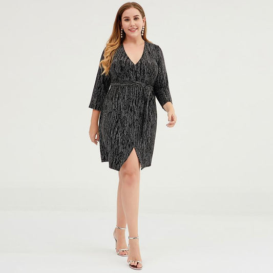 Plus Size Women V-Neck Belted Slim Mini Dress