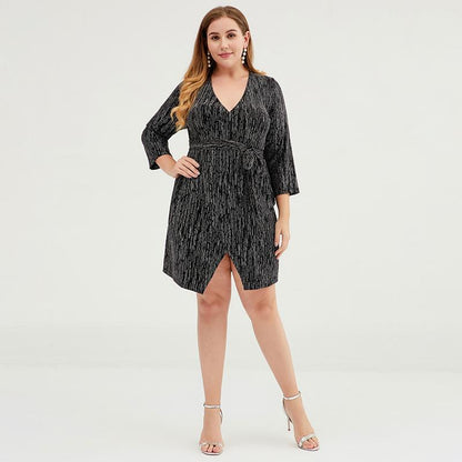 Plus Size Women V-Neck Belted Slim Mini Dress