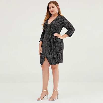 Plus Size Women V-Neck Belted Slim Mini Dress