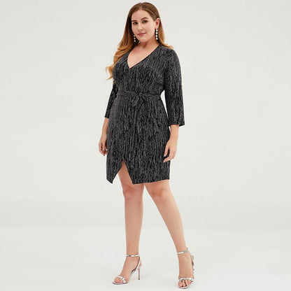 Plus Size Women V-Neck Belted Slim Mini Dress