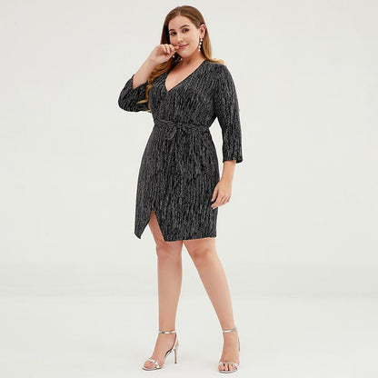 Plus Size Women V-Neck Belted Slim Mini Dress