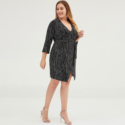 Plus Size Women V-Neck Belted Slim Mini Dress