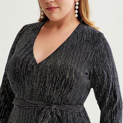 Plus Size Women V-Neck Belted Slim Mini Dress