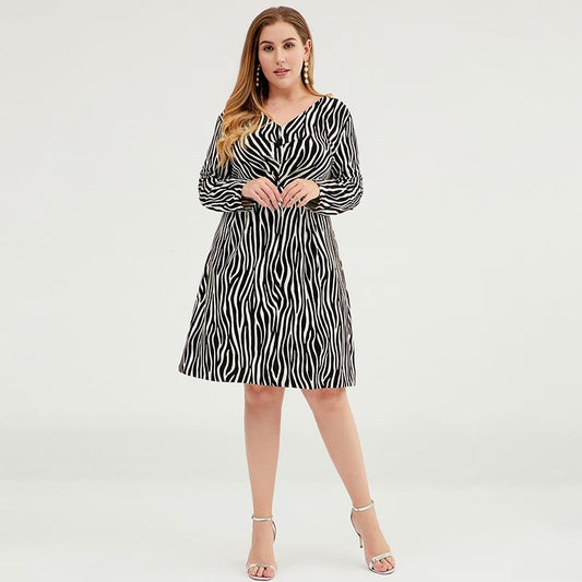Plus Size Women V-Neck Zebra Fit & Flare Dress