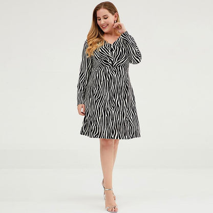 Plus Size Women V-Neck Zebra Fit & Flare Dress