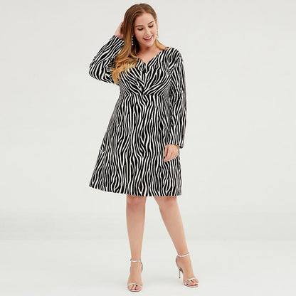 Plus Size Women V-Neck Zebra Fit & Flare Dress