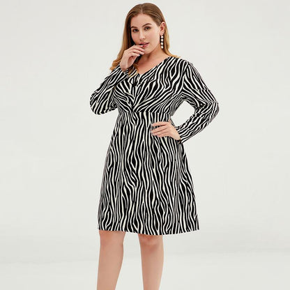 Plus Size Women V-Neck Zebra Fit & Flare Dress