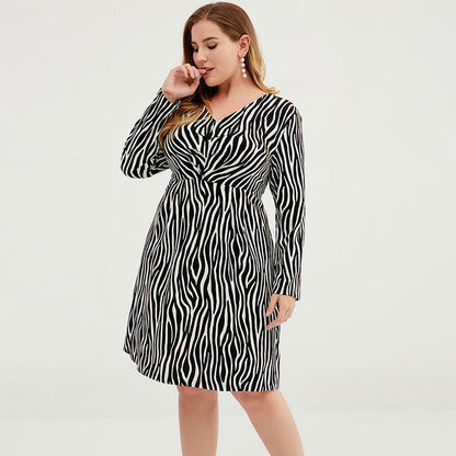 Plus Size Women V-Neck Zebra Fit & Flare Dress