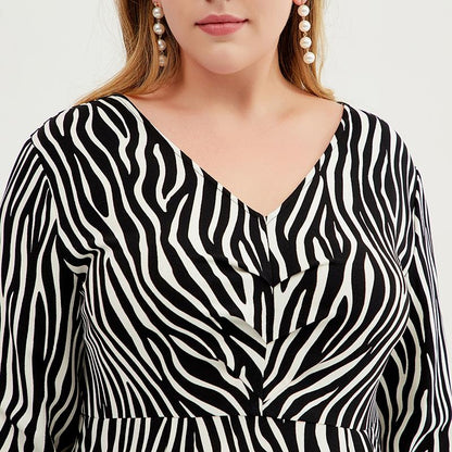Plus Size Women V-Neck Zebra Fit & Flare Dress