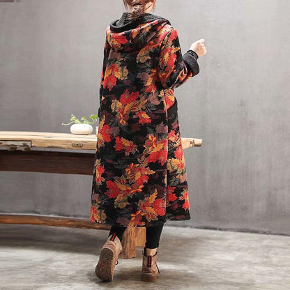 Plus Velvet Flower Loose Warm Hooded Coat