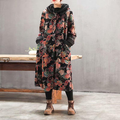 Plus Velvet Flower Loose Warm Hooded Coat