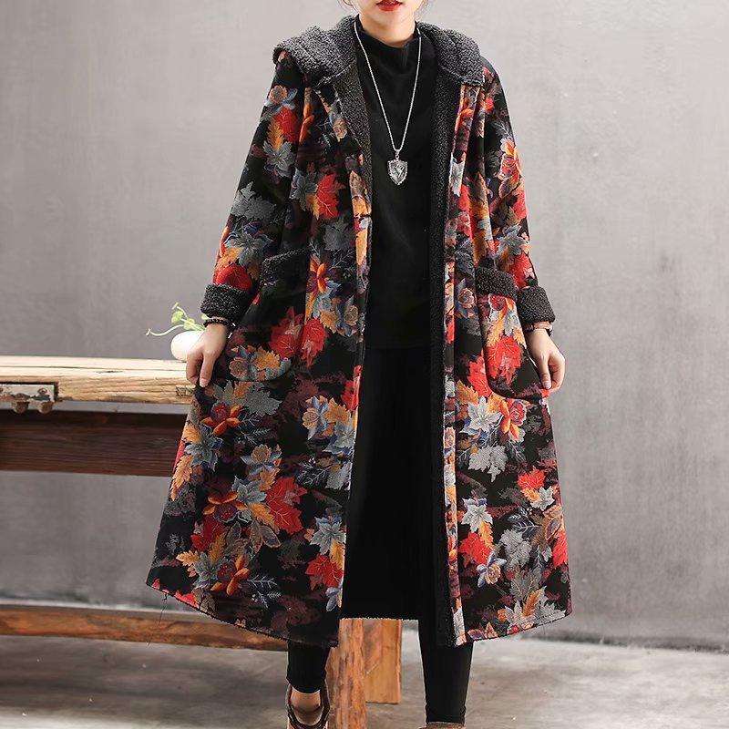 Plus Velvet Flower Loose Warm Hooded Coat