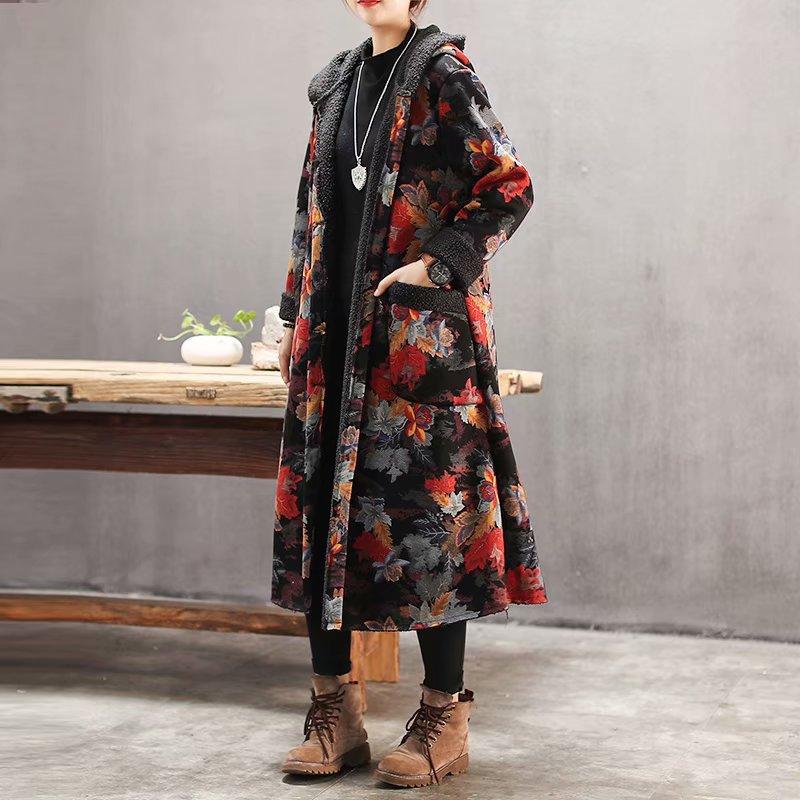 Plus Velvet Flower Loose Warm Hooded Coat