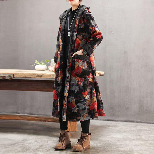 Plus Velvet Flower Loose Warm Hooded Coat