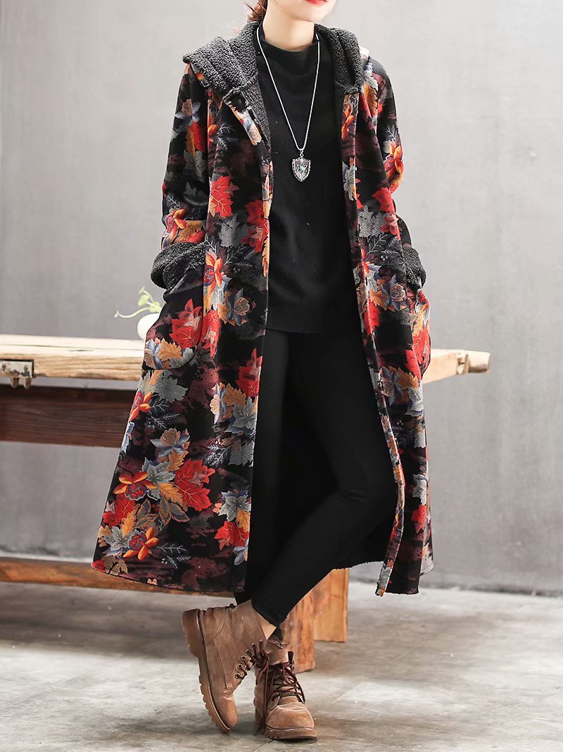 Plus Velvet Flower Loose Warm Hooded Coat