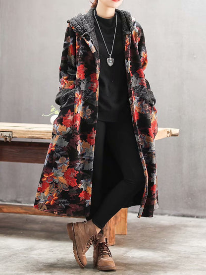 Plus Velvet Flower Loose Warm Hooded Coat