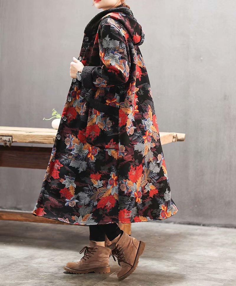 Plus Velvet Flower Loose Warm Hooded Coat