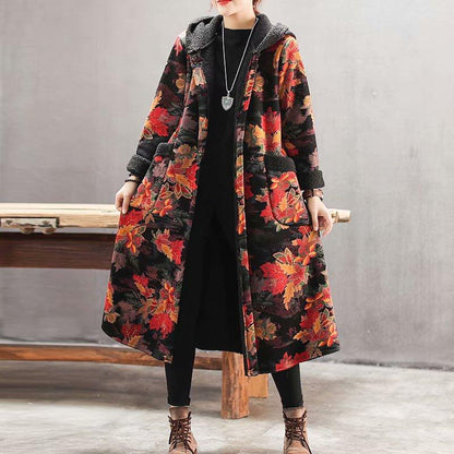 Plus Velvet Flower Loose Warm Hooded Coat
