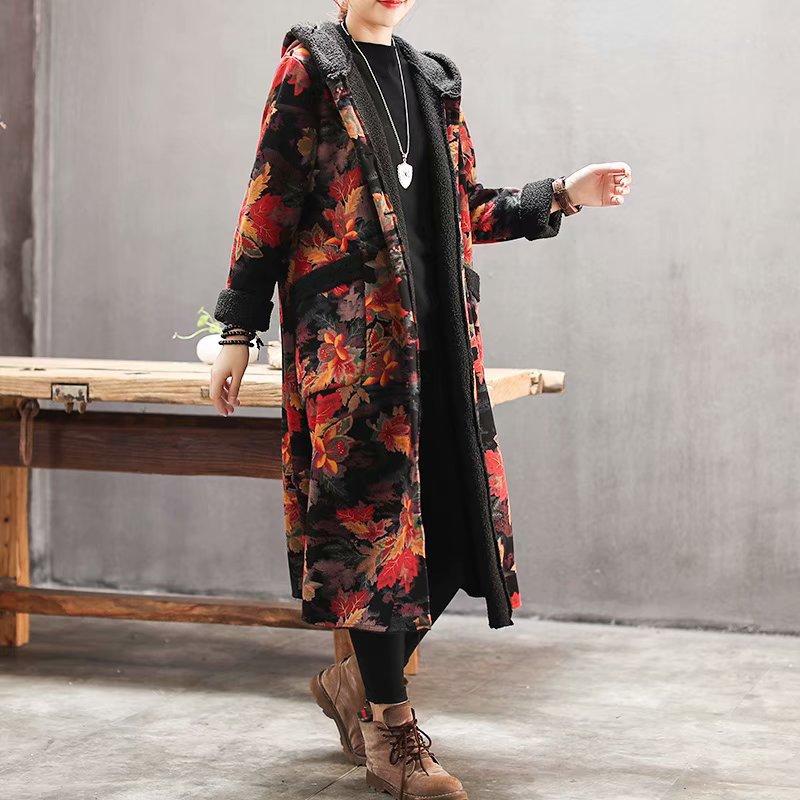 Plus Velvet Flower Loose Warm Hooded Coat