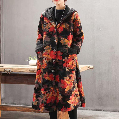 Plus Velvet Flower Loose Warm Hooded Coat