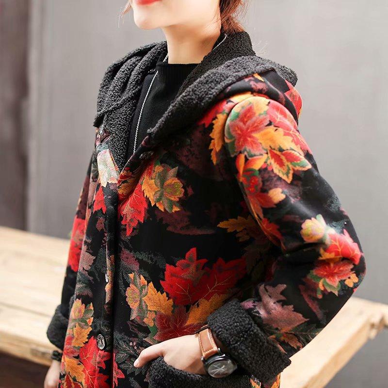 Plus Velvet Flower Loose Warm Hooded Coat