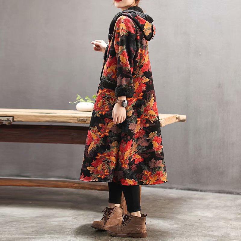 Plus Velvet Flower Loose Warm Hooded Coat