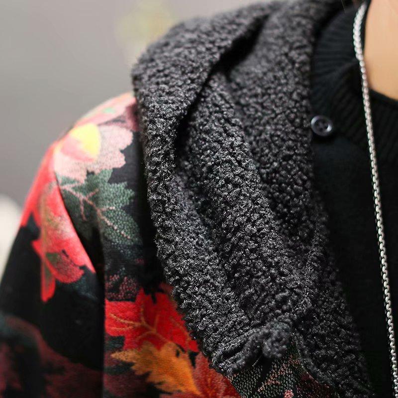Plus Velvet Flower Loose Warm Hooded Coat