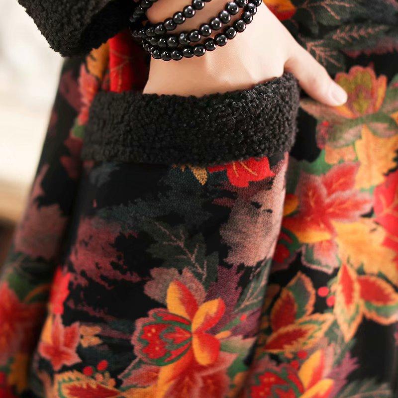 Plus Velvet Flower Loose Warm Hooded Coat