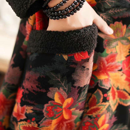 Plus Velvet Flower Loose Warm Hooded Coat