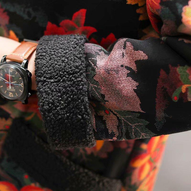 Plus Velvet Flower Loose Warm Hooded Coat