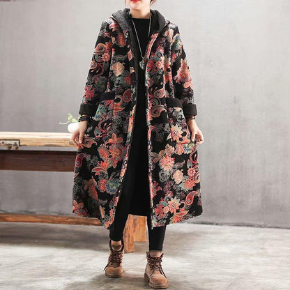 Plus Velvet Flower Loose Warm Hooded Coat
