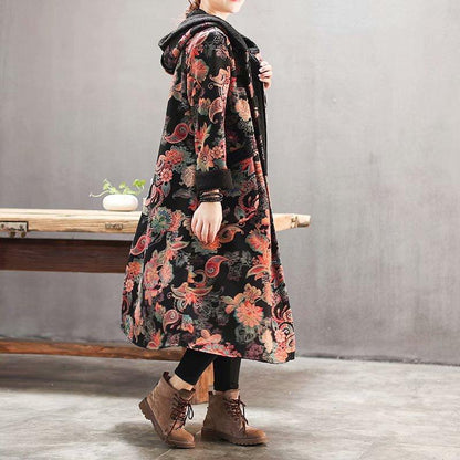 Plus Velvet Flower Loose Warm Hooded Coat