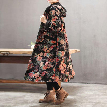 Plus Velvet Flower Loose Warm Hooded Coat