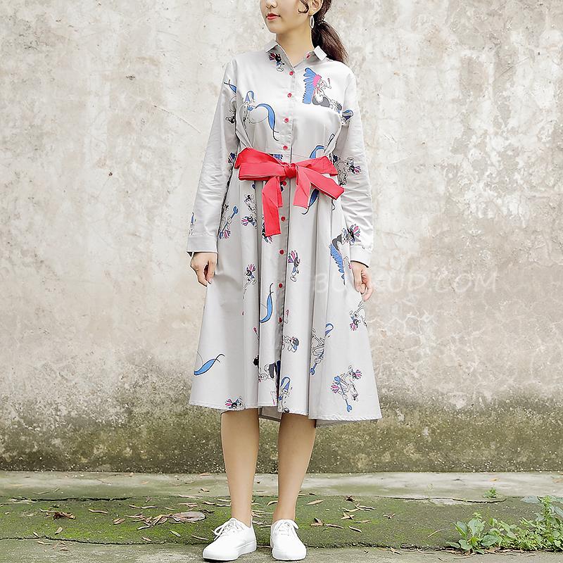 Polo Collar Long Sleeve Cartoon Printed Cotton Dress