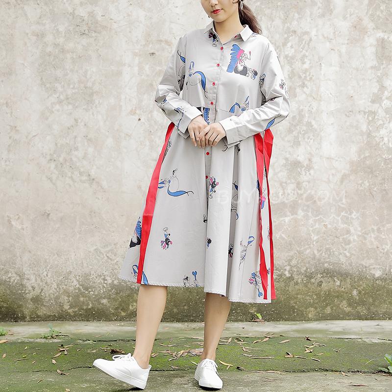 Polo Collar Long Sleeve Cartoon Printed Cotton Dress