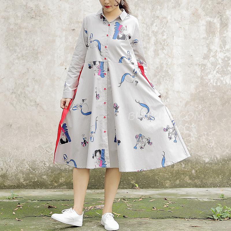 Polo Collar Long Sleeve Cartoon Printed Cotton Dress