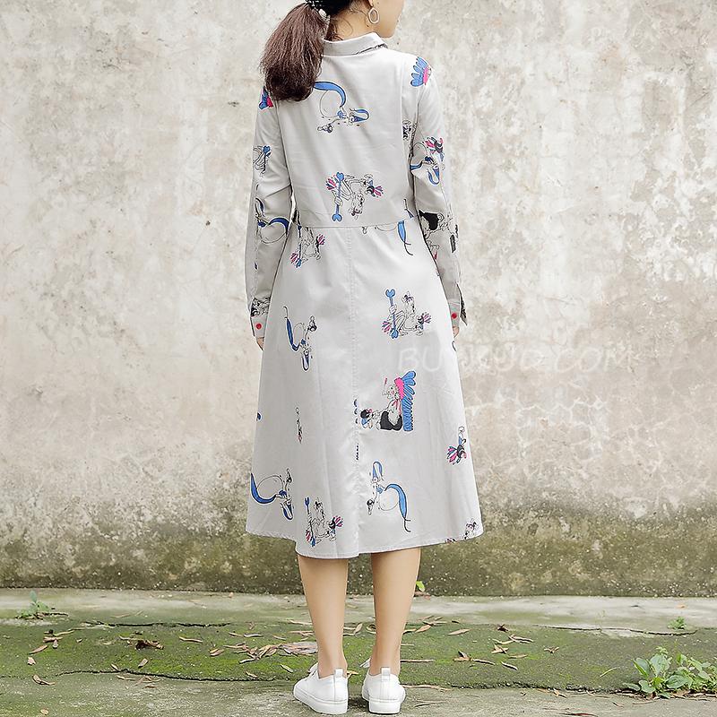 Polo Collar Long Sleeve Cartoon Printed Cotton Dress