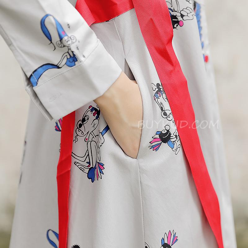 Polo Collar Long Sleeve Cartoon Printed Cotton Dress