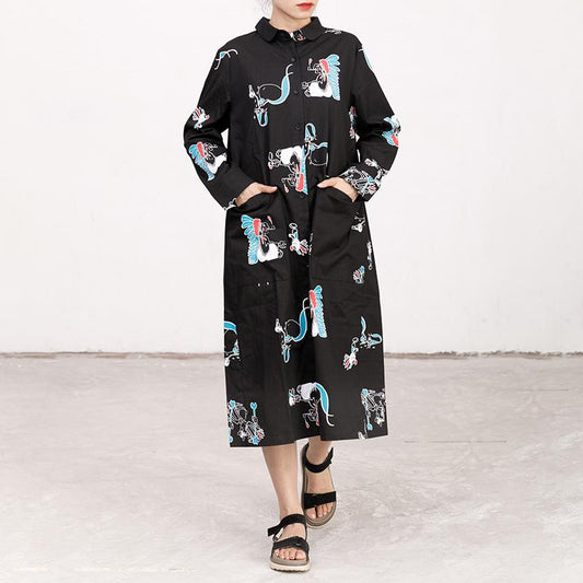 Polo Collar Long Sleeve Printed Black Pleated Dress