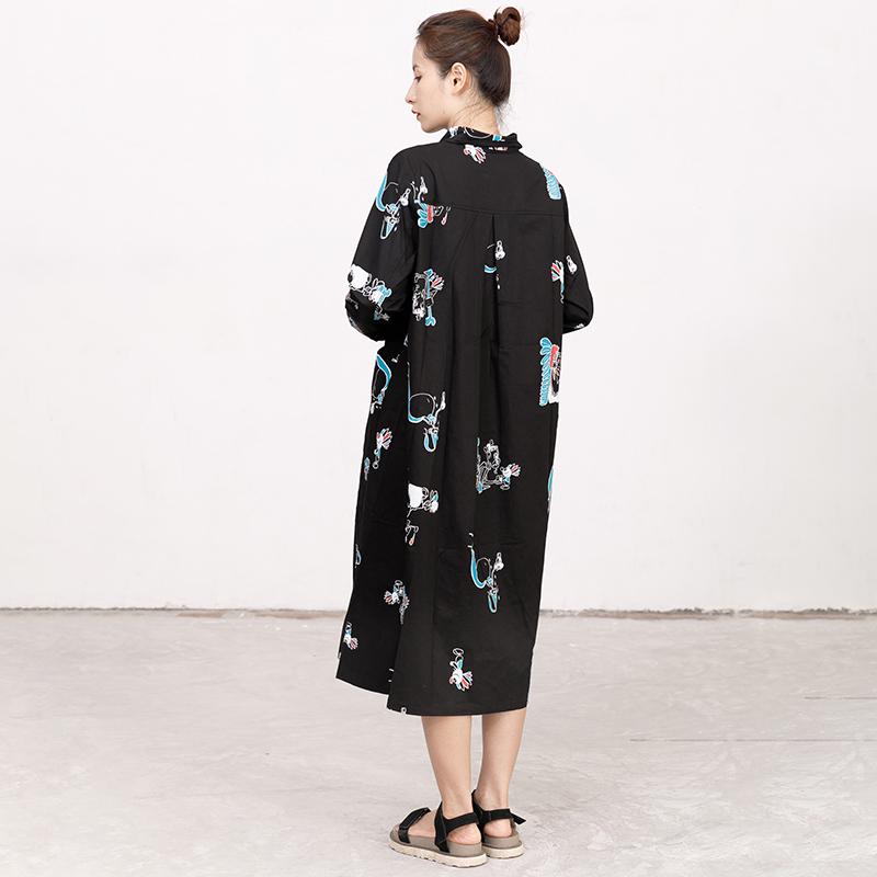 Polo Collar Long Sleeve Printed Black Pleated Dress