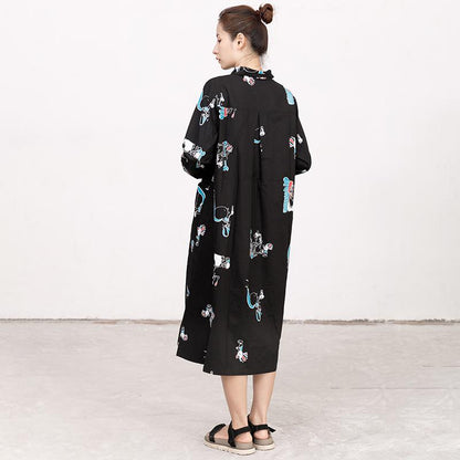 Polo Collar Long Sleeve Printed Black Pleated Dress