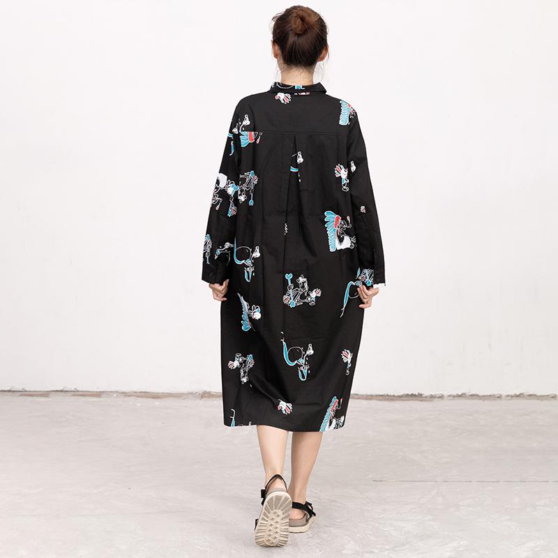 Polo Collar Long Sleeve Printed Black Pleated Dress