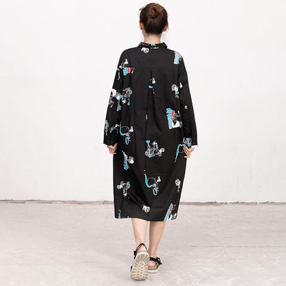 Polo Collar Long Sleeve Printed Black Pleated Dress