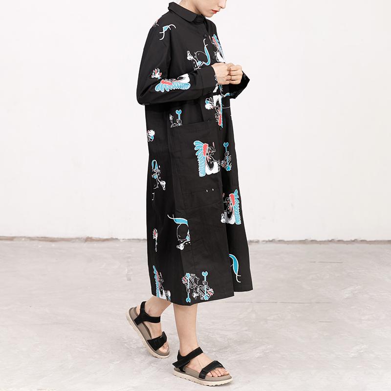 Polo Collar Long Sleeve Printed Black Pleated Dress